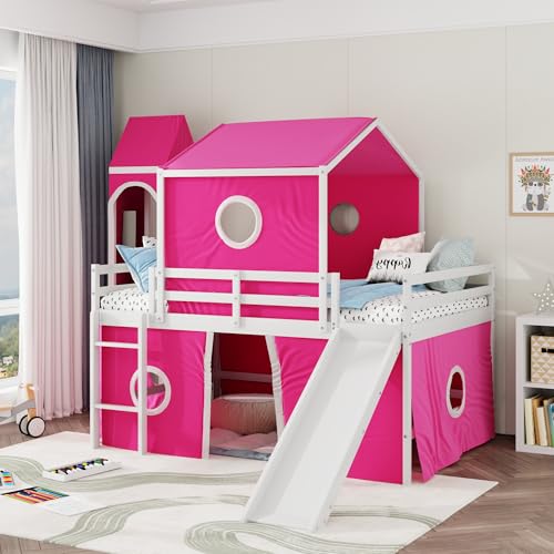 Wekuku Full Size Loft Bed with Slide, Pink Tent & Tower – Fun & Space-Saving Kids Bedroom (Old SKU: Lt000771aah) – Pink