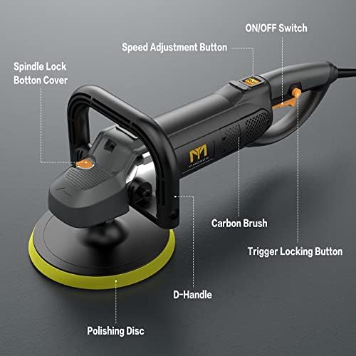 1500W Buffer Polisher, 180mm Rotary Car Polisher Machine Polishing Waxer Kit for Car Detailing with 6-Level Speed, D & Side Handle, 4 Foam Pads, 2 Carbon Brushes and 10 Sandpapers