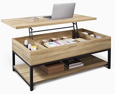 CAPHAUS Lift Top Coffee Table w/Storage, Coffee Table w/Bottom Open Shelf, Storage Coffee Table w/Lift Top for Living Room, Rising Top Coffee Table w/Hidden Compartment Storage, 47" Natural Oak