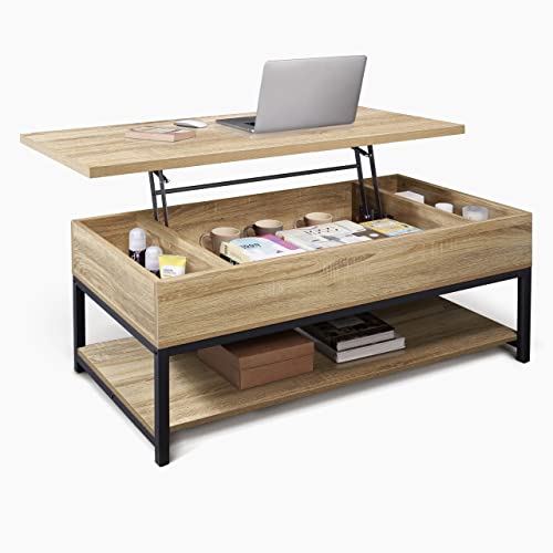 Caphaus Lift Top Coffee Table W/Storage, Coffee Table W/Bottom Open Shelf, Storage Coffee Table W/Lift Top For Living Room, Rising Top Coffee Table W/Hidden Compartment Storage, 47" Natural Oak #TOP23