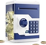Playsheek Piggy Bank for Girls Boys Large Electronic Money Coin Banks with Password Protection, Automatic Paper Money Scroll Saving Box, Great Gift for Kids(Blue-White)