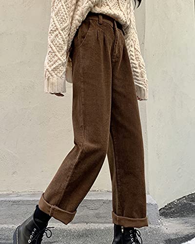 Women's Vintage High Waisted Straight Leg Corduroy Pants Trouser Coffee #TOP1