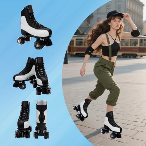 Women's Girls High-top Roller Skates with Light Up Wheels,PU Leather Classic Double-Row Roller Derby Skate for Women Men,Indoor Outdoor, Beginner-White Black Flash Wheel,41