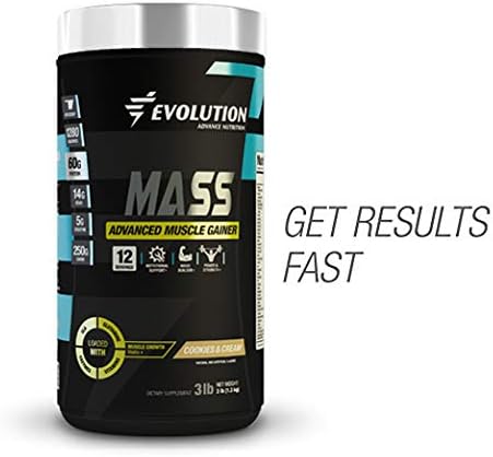 Evolution Advance Nutrition Mass Advanced Muscle Gainer. 60Grams of Protein, 250Grams of Carbs, 13 Grams of BCAA, 5Grams of Creatine+Glutamine+CLA+Enzyme Blend+Vitamins. (3 pounds, Cookies and Cream)