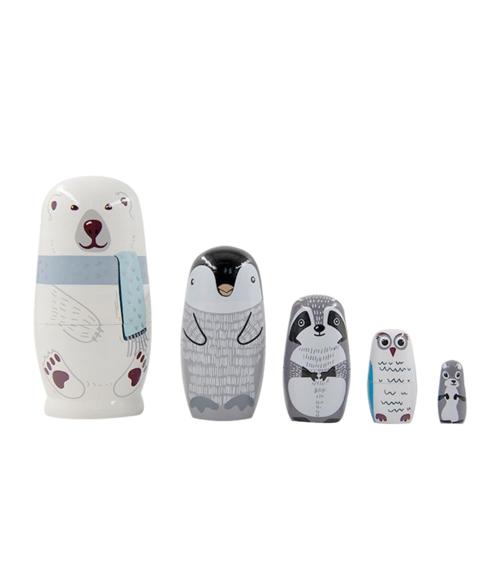 WOLKKAM Matryoshka Nesting Doll 5 Layer White Teddy Bear Beechwood 5.9in