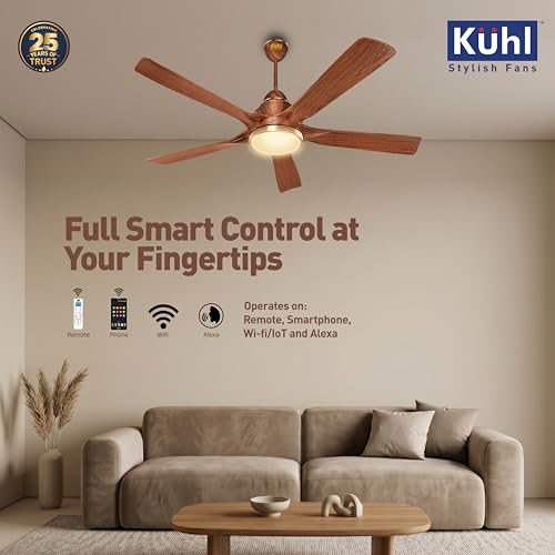 Image of KUHL Luxus Plus 1400mm Stylish 65% Power Saving BLDC Ceiling Fan With Remote |Down Light|BEE 5 Rated & ISI Marked|Low Noise| IoT -Operate via Mobile & Alexa |Reverse Mode |Free Installation |Teak