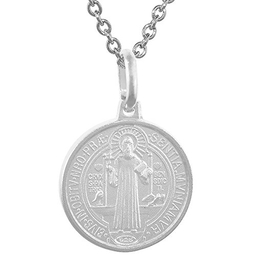 15mm Dainty Sterling Silver St Benedict Medal Necklace for Women & Men 9/16 inch Round Italy 16-24 inch2