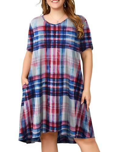 Image of OVERWORETY Womens Short Sleeve Plus Size T-Shirt Dress V Neck Casual Loose Swing A-Line Summer Tunic Dresses with Pockets