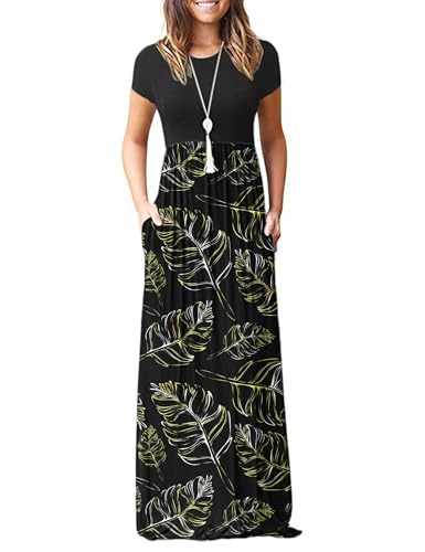 Image of MISFAY Women's Short Sleeve Maxi Dresses Long Casual Dresses with Pockets | Empire Elastic Waist, Crew Neck, Floor Length, Strentchy Flowy A Line Fit, Loose Plain Summer Outfits, Vacation Wear