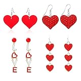 4 Pairs Valentine's Day Heart Dangle Earrings Set Red Heart Rhinestone Hook Earrings Crystal Heart P