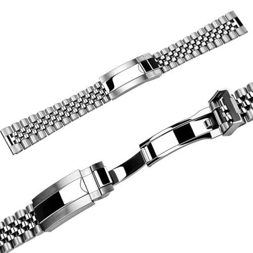 Image of Juntan Screw-in Stainless Steel Watch Band 20mm 21mm 22mm for Men Women, Curved End Straight End Metal Watch Strap with Oyster Buckle, Taperd Replacement Jubilee Bracelet Silver Gold