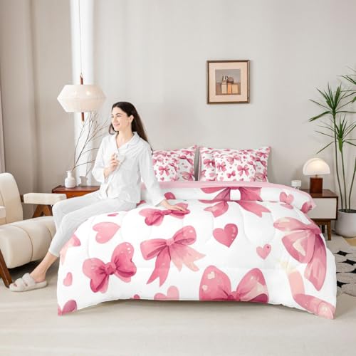 Image of Pink Bow King Size Comforter Set with Sheets | Watercolor Bow 7 Piece Bedding Set Dreamy Princess Bowknot Bed in a Bag, Cute Love Hearts Room Decor,Light Pink Room Decor Aesthetic
