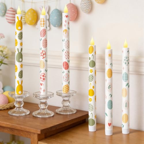 Honoson 6 Pcs Easter Flameless Taper Candles 10.6 Inch Colorful Egg Bunny Candles Battery Operated LED Candlesticks for Easter Dinner Table Home Party Decor