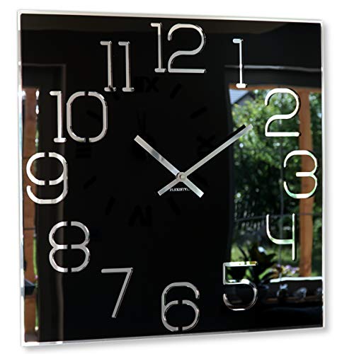 FLEXISTYLE Orologio da parete grande quadrato Digit diametro 50 cm, senza ticchettio, moderno, design in vetro acrilico e specchio acrilico, soggiorno, camera da letto (nero)