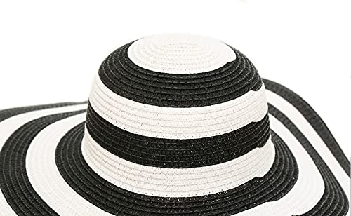 Itopfox Womens Beachwear Sun Hat Striped Straw Hat Floppy Big Brim Hat Black,One Size(22Inch-22.8Inch Circumference) #TOP3