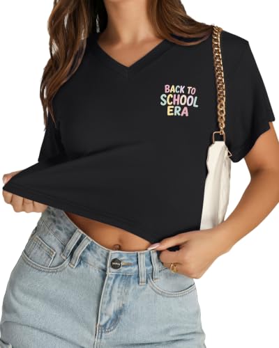 Image of Womens Crop Tops Short Sleeve V Neck Summer Cropped T Shirts Baisc Tees