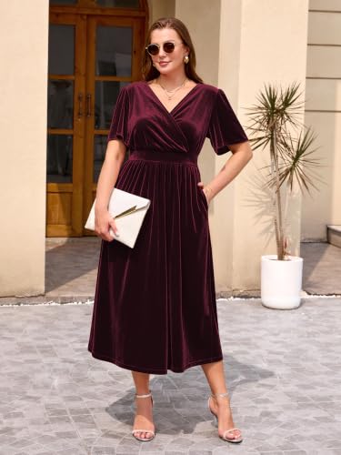 Image of BELAROI Velvet Dress Cocktail Party Plus Size Fall Midi Dresses with Pockets Wrap V Neck Empire Waist Short Sleeve L-4XL