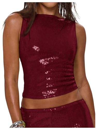 MakeMeChic Womens Sparkly Sequin Tops Y2k Going Out Rave Top Sleeveless Crop Tank Tops Burgundy Small