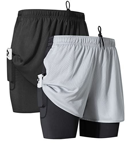 Silkworld Men's 2 In 1 Running Shorts Lightweight Quick Dry Workout Gym Shorts For Men - Zipper Pockets, A2/Black+Grayish, Large #TOP20