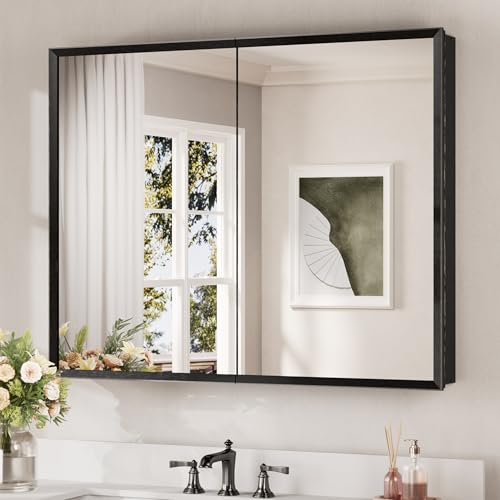 Keonjinn Large Medicine Cabinet Mirror 40 x 32, Black Beveled Frame, 2 Door