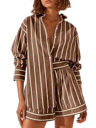 Tankaneo Womens 2 Piece Outfits Striped Long Sleeve Button Down