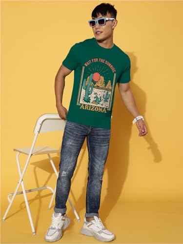 Image of Veirdo Regular Fit Half Sleeves Round Neck Arizona Typographic Printed Pure Cotton T-Shirt for Men (Colors: Green & Navy)