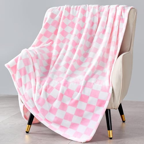 Edenleaf Pink Checkered Blanket, Ultra Soft Fleece Checkered Throw Blankets for Couch Bed and Travel, Luxury Throws for All Seasons, 50x60 Inch, Pink