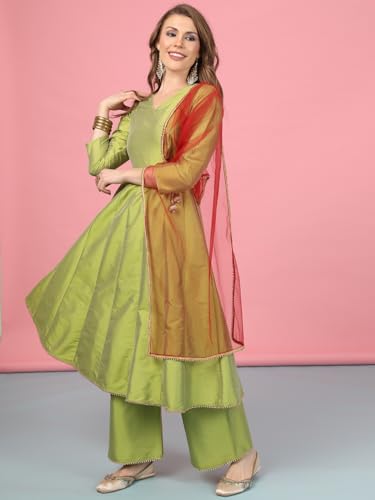 Image of A.T.U.N. (ALL THINGS UBER NICE) Cotton Women Anarkali Paneled Kurta With Palazzos & Dupatta
