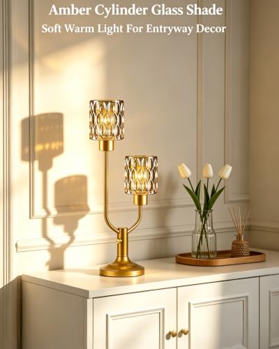 Image of Lightdot Mid Century Modern Table Lamp Vintage Gold Lamp Dimmable Gift | Nightstand Lamp Amber Glass Desk Lamp 2 Bulbs Included Warmwhite Ambient Bedside Lamps for Bedroom Living Room Home Decor
