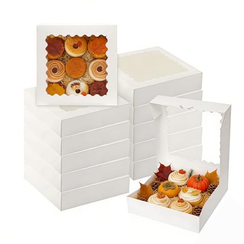 12 Pack Bakery Box with Window 20x20x6.4cm White Cardboard Treat Boxes with Scalloped Window Edge for Cookies Brownies Cupcakes Cheesecake Donuts & Gifting