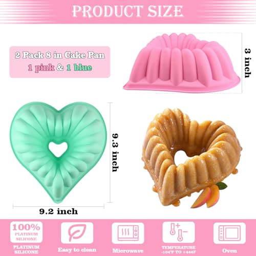 HUAKENER 2 Pack Heart Bundt Cake Pan, 9 Inch Heart Cake Molds, Nonstick Silicone Cake Molds for Making Wedding, Valentine\'s Day, and Family Cakes