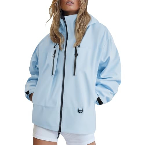 MJGkhiy Veste Imperméable Femmes Coupe Vent Vestes Randonnée Trench De Pluie À Capuche Grande Taille Léger Veste Vent Pluie Sport Camping Raincoat En Plein Air Softshell Voyage, bleu clair, 3XL