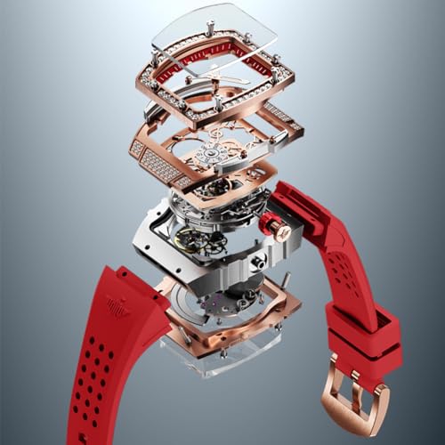 Image of OUPINKE Automatic Womens Watches Luxury Diamonds Hollow Skeleton Square Ladies Watches Soft Silicone Strap Fashion Dress Rose Gold Female Watch Waterproof
