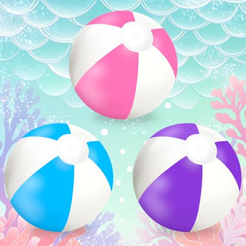 Whaline 3Pcs Inflatable Beach Ball Blue Purple Pink Mermaid Theme Color 16 Inch Round Pool PVC Balls Game Toys for Summer Tropical Beach Party
