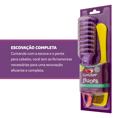 Condor, Kit Escova e Pente, Fluors, Desembaraça Cabelos Molhados, Multicor