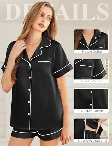 Image of Silk Pajamas for Women Short Sleeve Sleepwear Soft Button Down Loungewear 2 Piece Satin Pjs Shorts Set S-XXL