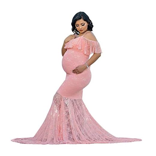 IMEKIS Dam blommig spets gravid klänning axellös moderskap bröllop kväll balklänning elegant baby shower lång svans klänning fotografering rekvisita, Rosa, M