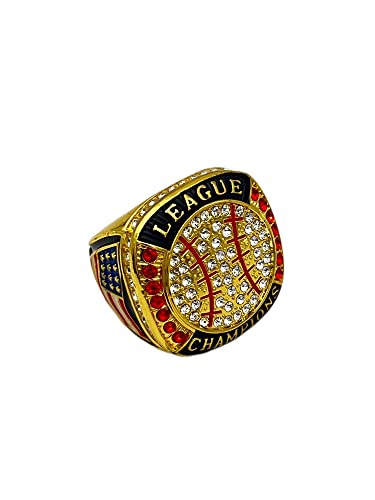 Discount Sports Rings BALL LEAGUE CHAMPION — GOLD BODY, CLEAR STONES, RED LACES Item 5-32, Clear,Gold