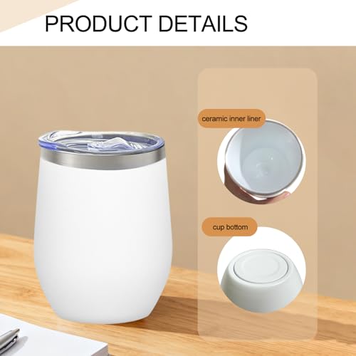 YOUKE OLA 18 Pack Stainless Steel Powder Coated Wine Tumbler with Ceramic Lining, Double-Wall Vacuum Insulated Travel Coffee Mug with Lids for Laser Engrave, DIY Gift, 12oz White