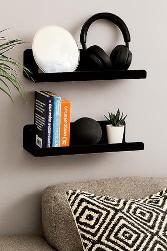 Image of Acrylic Floating Wall Shelves, 15 x 4 x 2.5 in, Clear, Set of 2, Modern Wall Mount Display Shelf (Black, 12 in, 2)