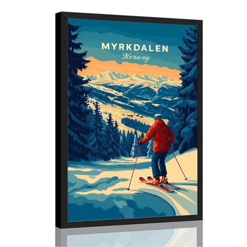 Myrkdalen Norway Skiing Canvas Wall Art, Black Frame 12x18