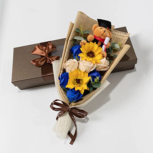 Ansuma Graduation Rose Sunflower Scented Soap Flower Bouquet With Graduation Teddy Bear Floral Arrangements For Graduation Party Favors Supplies (Blue) #TOP2