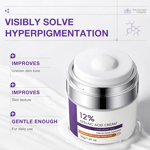 Grospe 12% Azelaic Acid Cream for Face，Acne Cream，Azelaic Acid Serum for Acne & Post-Acne Marks，Fades Acne Scars & Soothes Skin，Regulates Sebum Production，Suitable for Oily & Acne-prone Skin Care，1.69 OZ