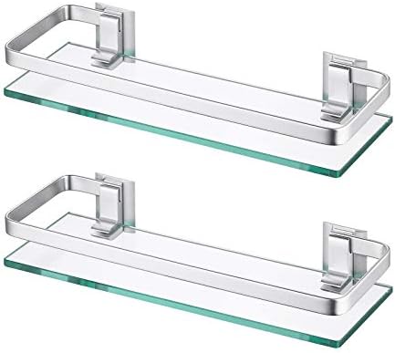 KES Bathroom Glass Shelf Aluminum Tempered Glass 8MM Extra Thick 2 Pack Rectangular 1 Tier Storage Organizer Wall Mount Silver, A4126A-P2