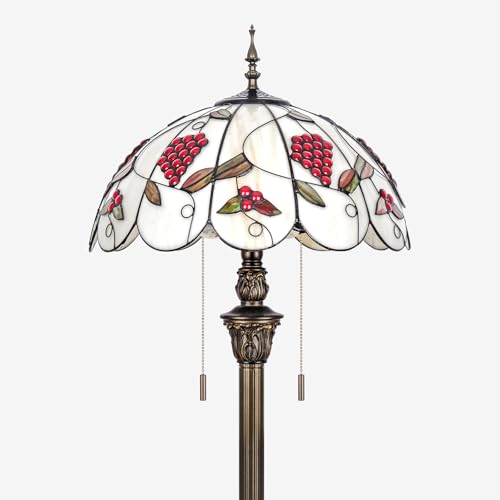 Image of Tiffany Style Floor Lamp, 16 inch Stained Glass Grapes Flower Floral Shade with Antique Bronze Base, 2-Light E26 Pull Chain Standing Reading Light for Living Room, Bedroom, 16x16x64 Inches