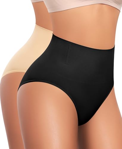 Werena Shapewear Tummy Control Knickers for Women Mid Waist Body Shaper Panties Seamless Slimming Compression Underwear Shaping Support Pants Girdle (Black+Beige,XXL)