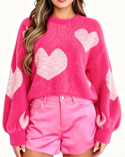 Image of Women's Cute Heart Sweater Love Print Valentine Romantic Knitted Top Casual Crewneck Long Sleeve Sweaters Pullover