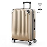 [New Trip] スーツケース キャリーケース 機内持ち込み PC100% 【拡張機能＆USBポート＆ストッパー機能＆カップホルダー付き】軽量 大型 S/M/Lサイズ キャリーバッグ 耐衝撃 大容量 ファスナータイプ ダブルキャスター TSAロック 海外 旅行 ビジネス 出張 （シャンペンゴールド、Mサイズ/65L/4～7泊）
