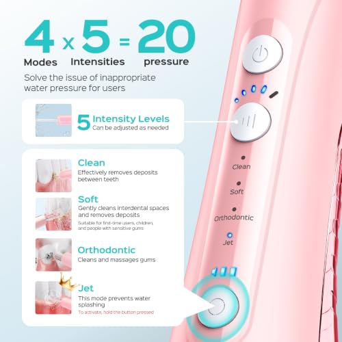 Image of COSLUS ADA Accepted C50 Water Dental Flosser, 4 Modes 5 Intensity Levels | Professional Water Teeth Pick for Braces, Orthodontics & Sensitive Gums, Compact Cordless for Family Home Travel,Pink