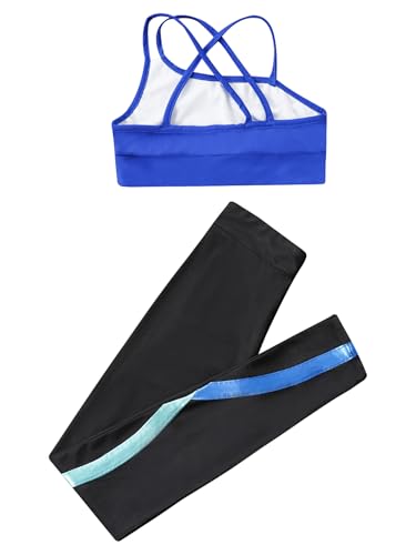 easyforever Kids Girls Two Piece Athletic Leggings And Crop Tops Tracksuit Activvewear Set Gymnastics Dance Workout Outfits Royal Blue&Blue 8 Years4